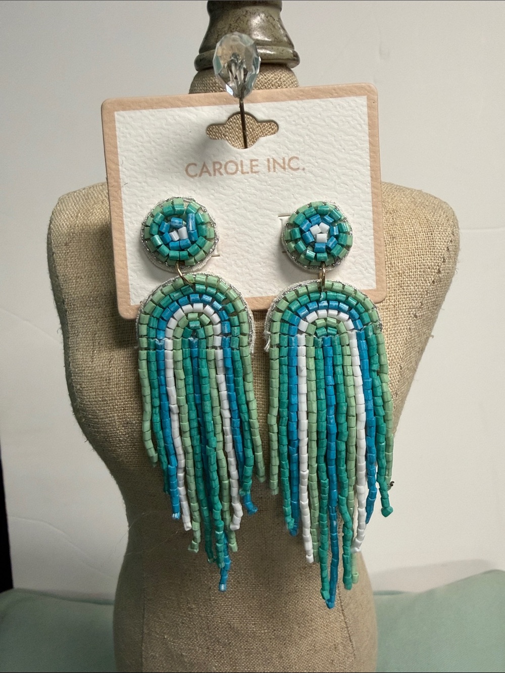 BNWT CAROLE INC TURQUOISE/WHITE/&TEAL ARCH HAND BEADED POST BACK EARRINGS